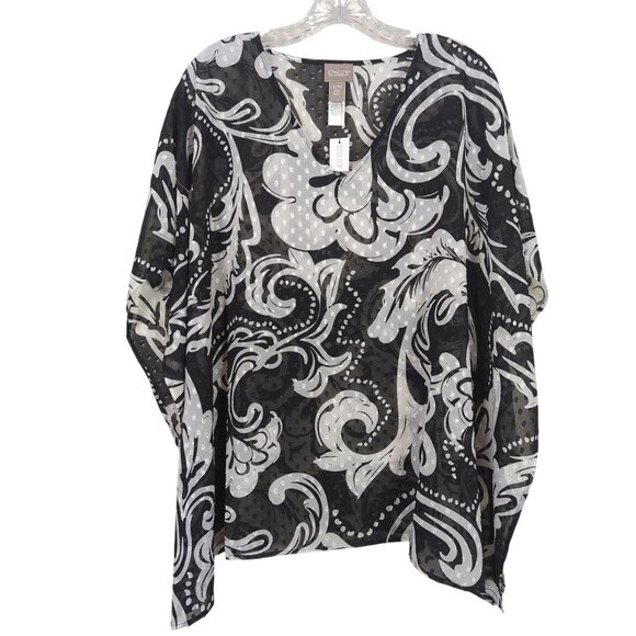 Chico's Black White Paula Poncho Top S/M Dot Floral Swirl Sheer Lightweight - Picture 1 of 11